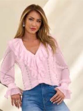 NWT Boston Proper Parisian Pearl Embellished Pink Ruffle Blouse Elegant